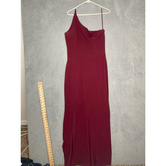 Dress The Population maroon Amy one shoulder crepe gown bridesmaid side slit M - Picture 4 of 13